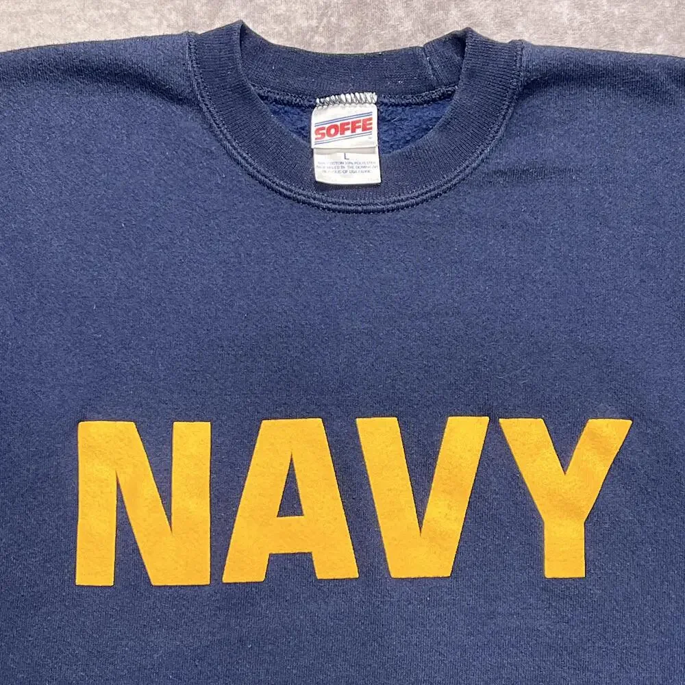 Vintage US NAVY Sweatshirt Mens Large Blue Soffe Crewneck Spellout Pullover